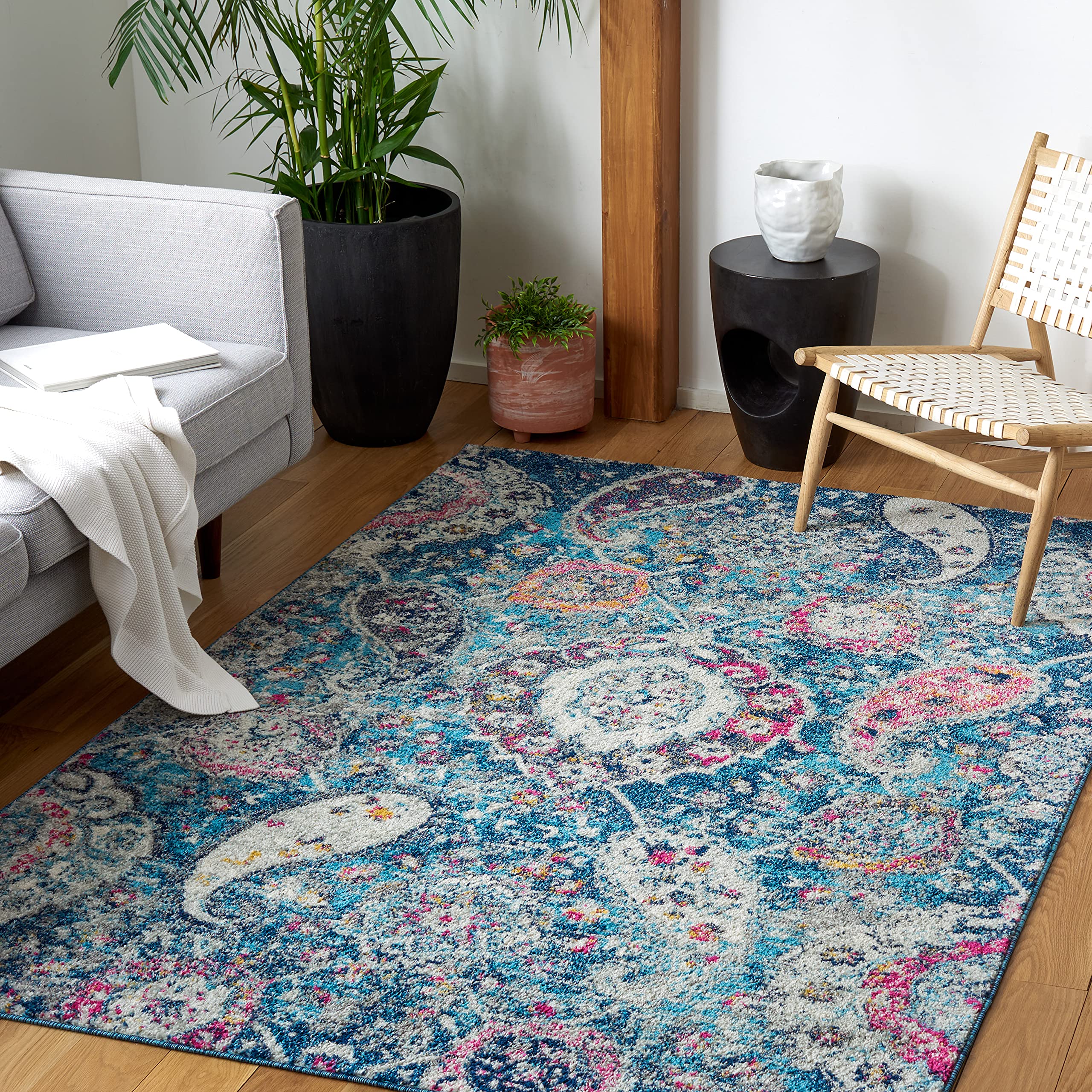 SAFAVIEH Madison Collection 6'7'' x 9'2'' Bluegrey MAD600M Boho Chic Glam Paisley Non-Shedding Living Room Dining Bedroom Area R